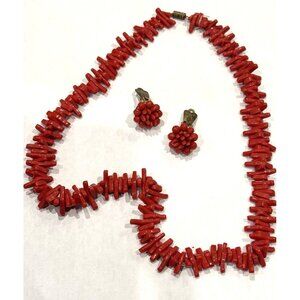 RED CORAL GLASS BRANCH BEAD 24" NECKLACE & CLIP EARRINGS SET LOT EUC